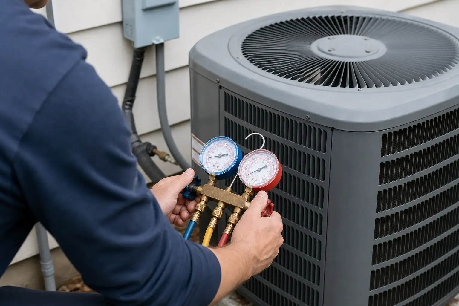 Technician checking refrigerant pressure on a residential outdoor air conditioning condenser