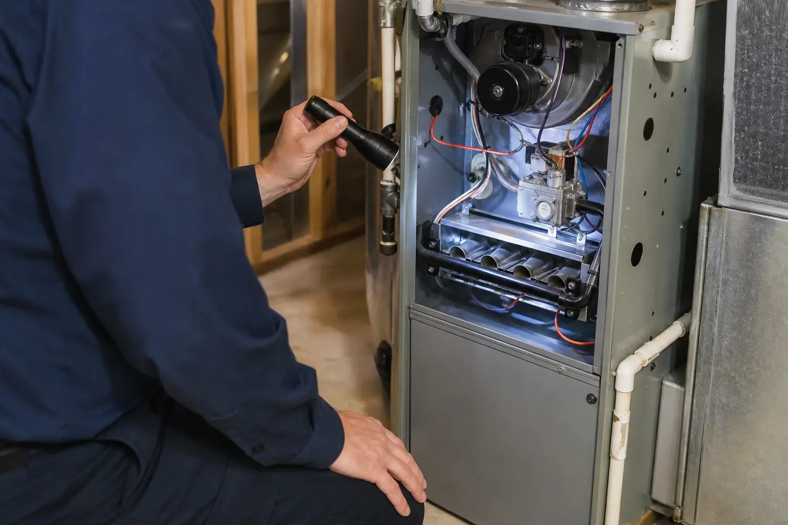 HVAC technician inspecting a residential gas furnace during a heating service visit