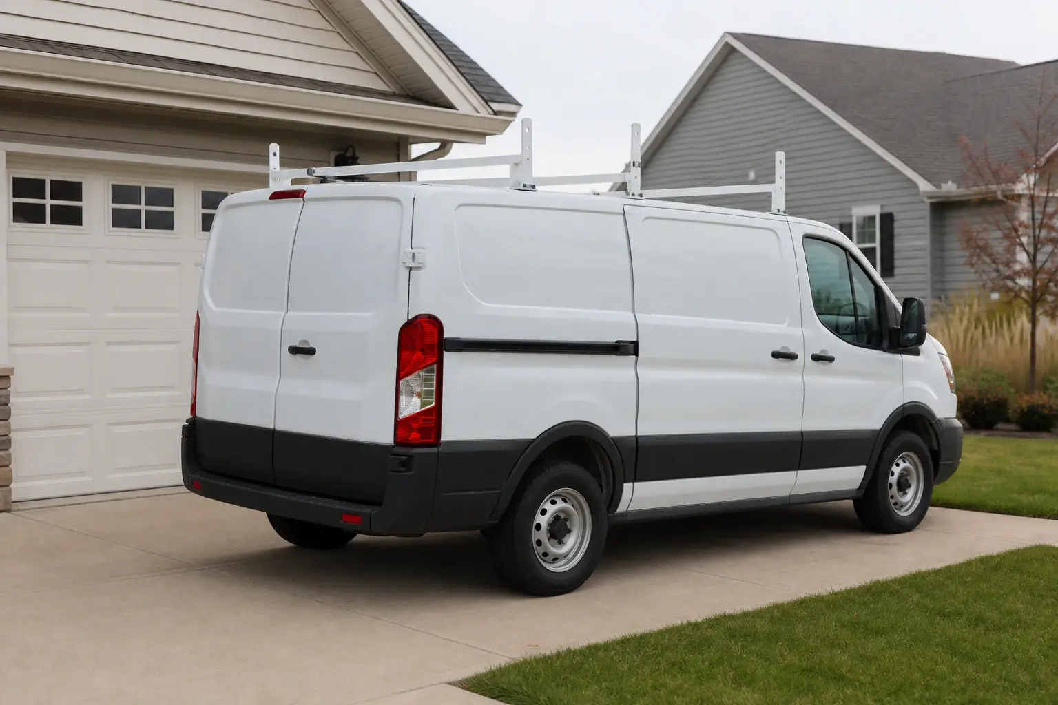 Unbranded HVAC service van parked in a residential driveway for a service visit