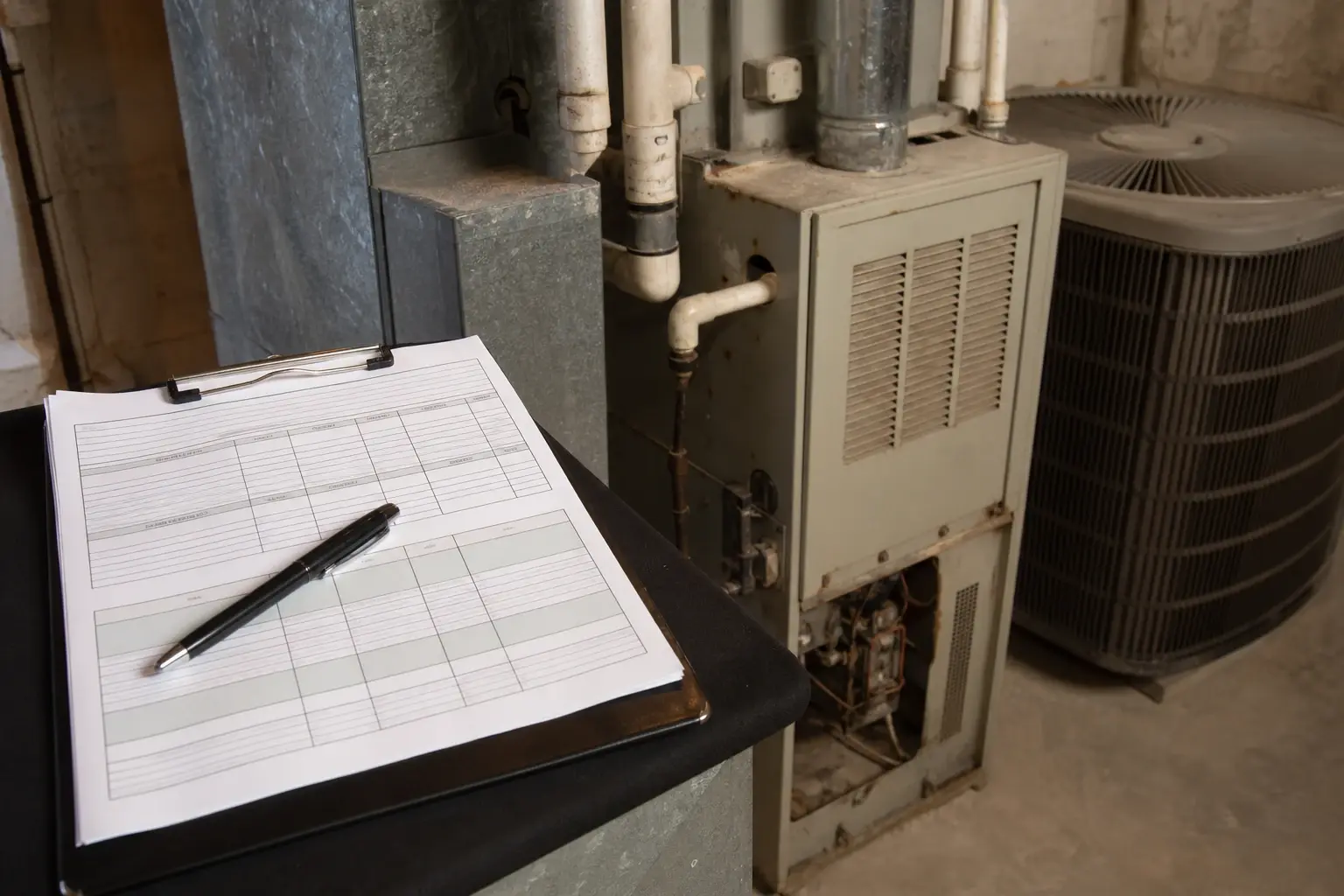 Written HVAC estimate beside an aging residential heating and cooling system
