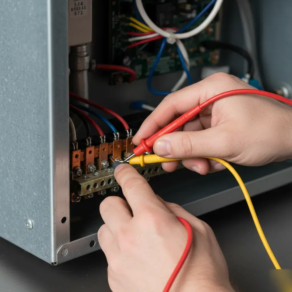 Technician checking AC electrical components during a diagnostic visit