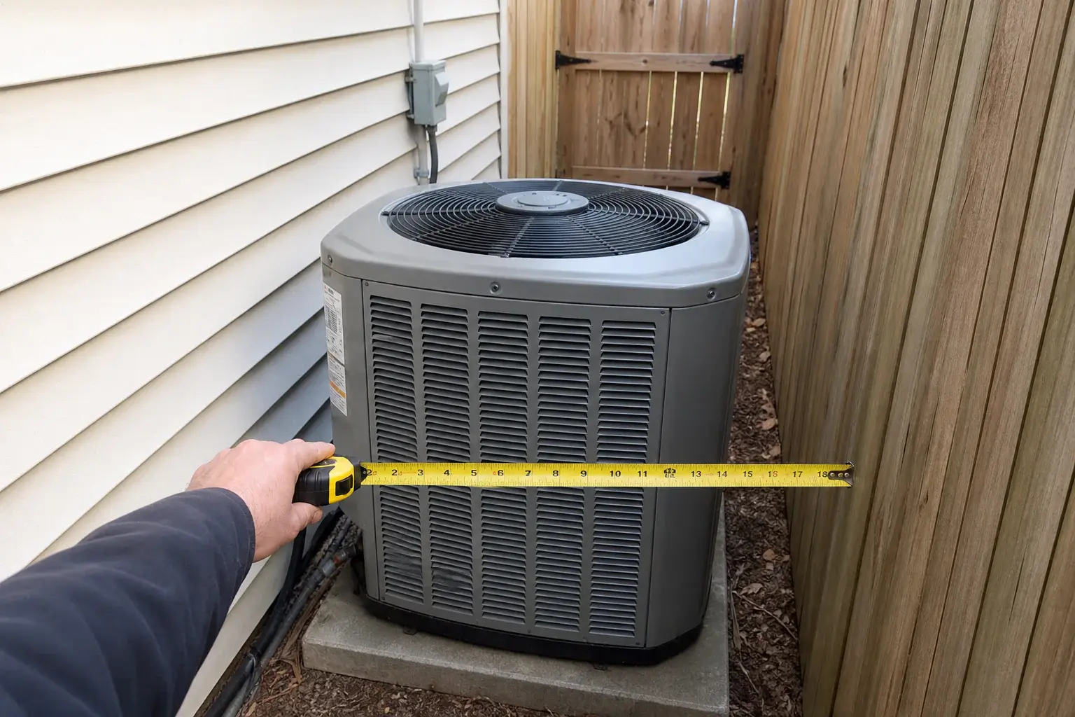 Technician inspecting a side-yard condenser pad and clearance during AC diagnosis