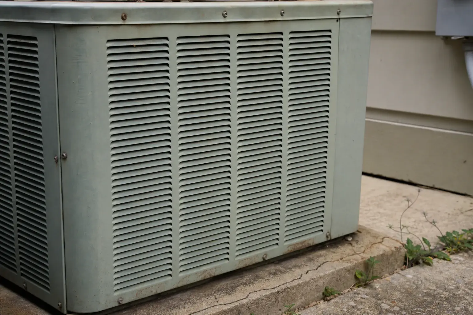 Outdoor condenser on a residential pad reviewed for repair or replacement