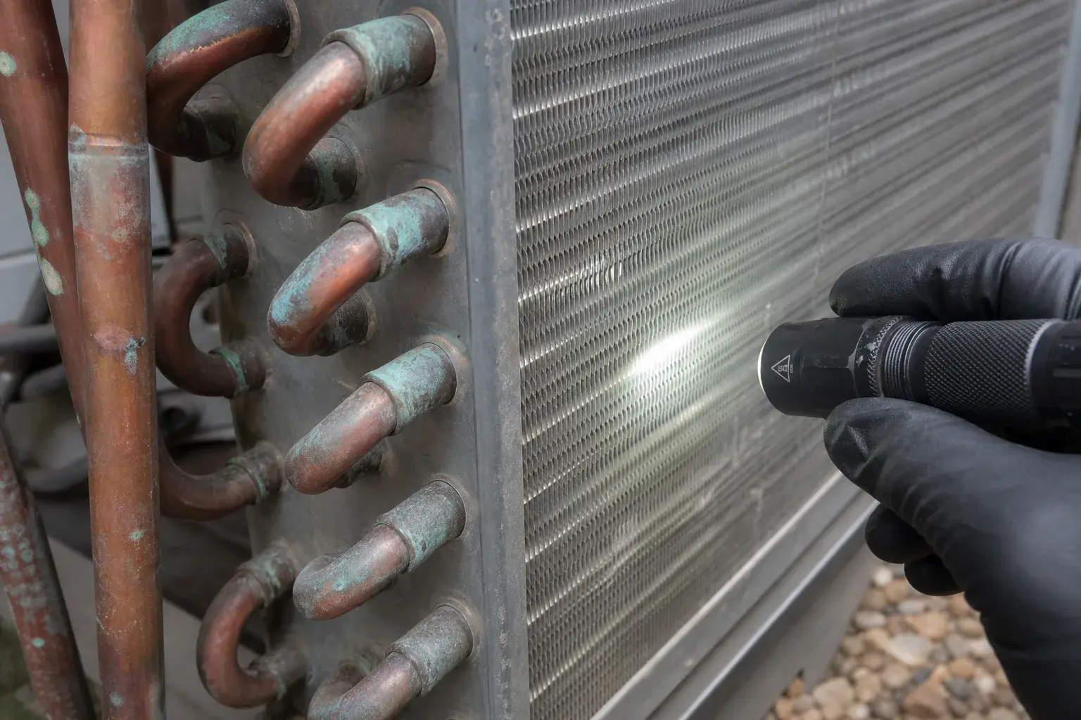 Technician inspecting condenser coil fins for corrosion during a coastal-area diagnostic