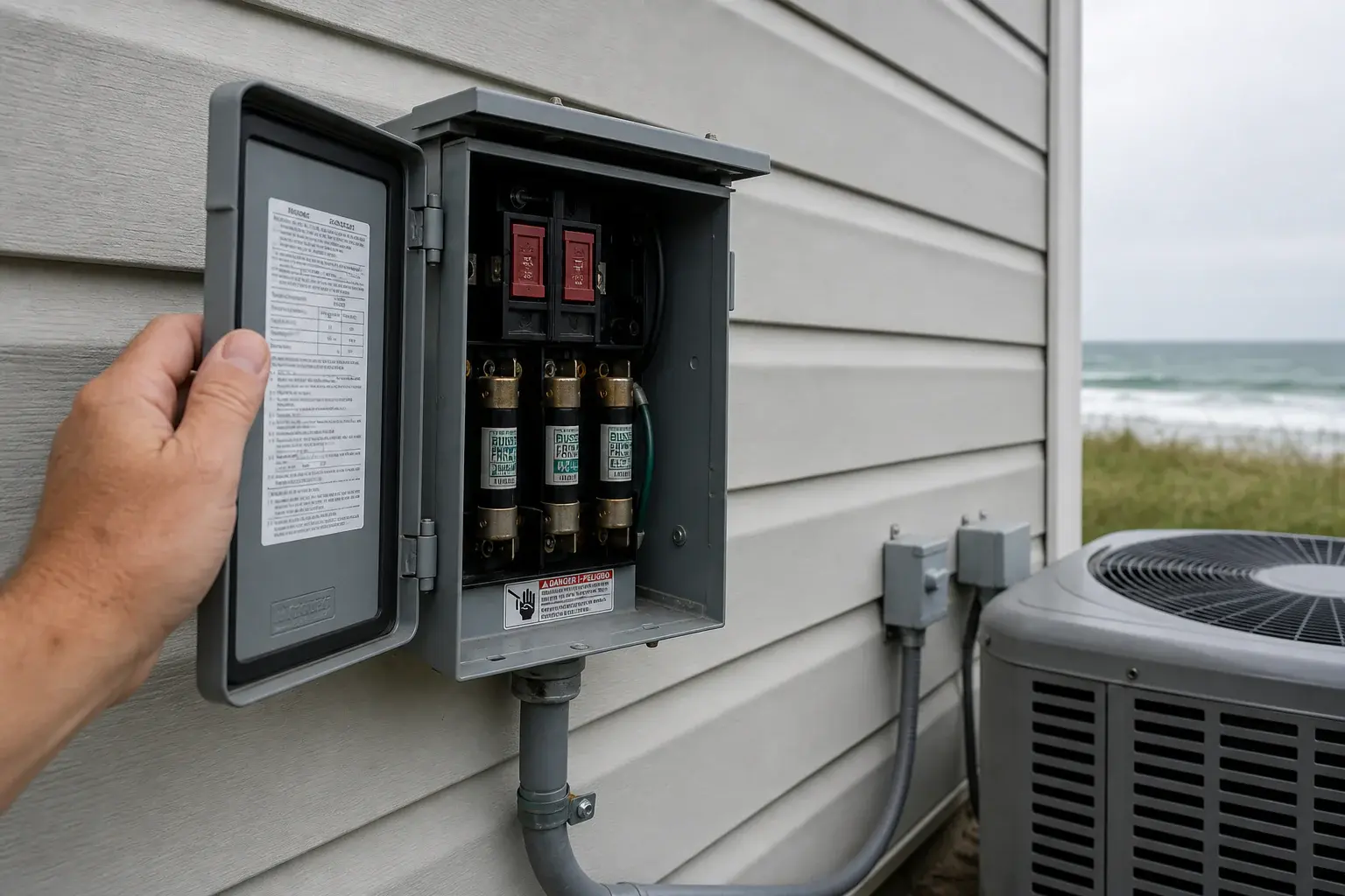 Outdoor condenser connections checked during a residential repair assessment