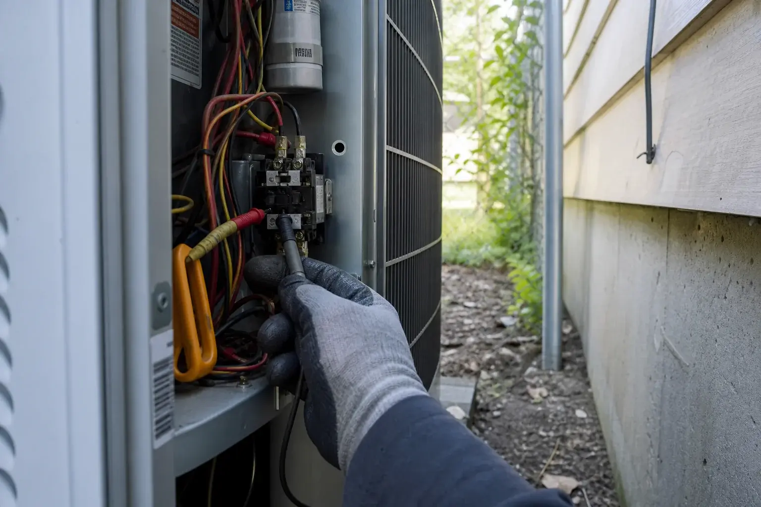 Technician testing electrical connections on a condenser in a tight side yard