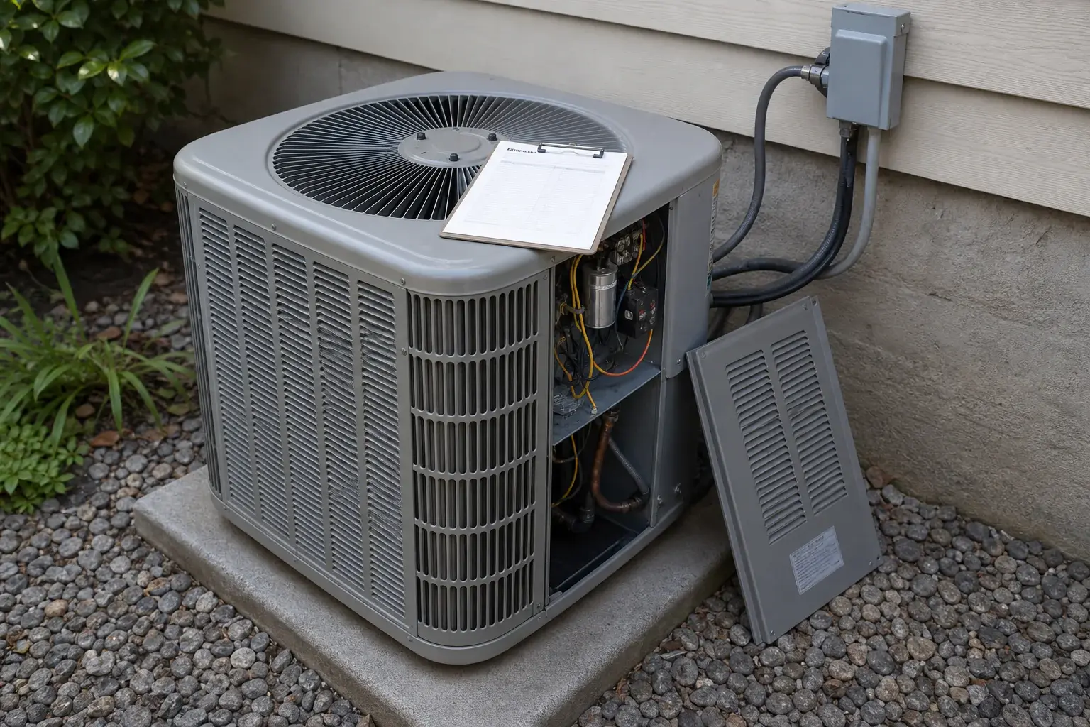 Residential outdoor condenser inspected during a cooling repair visit