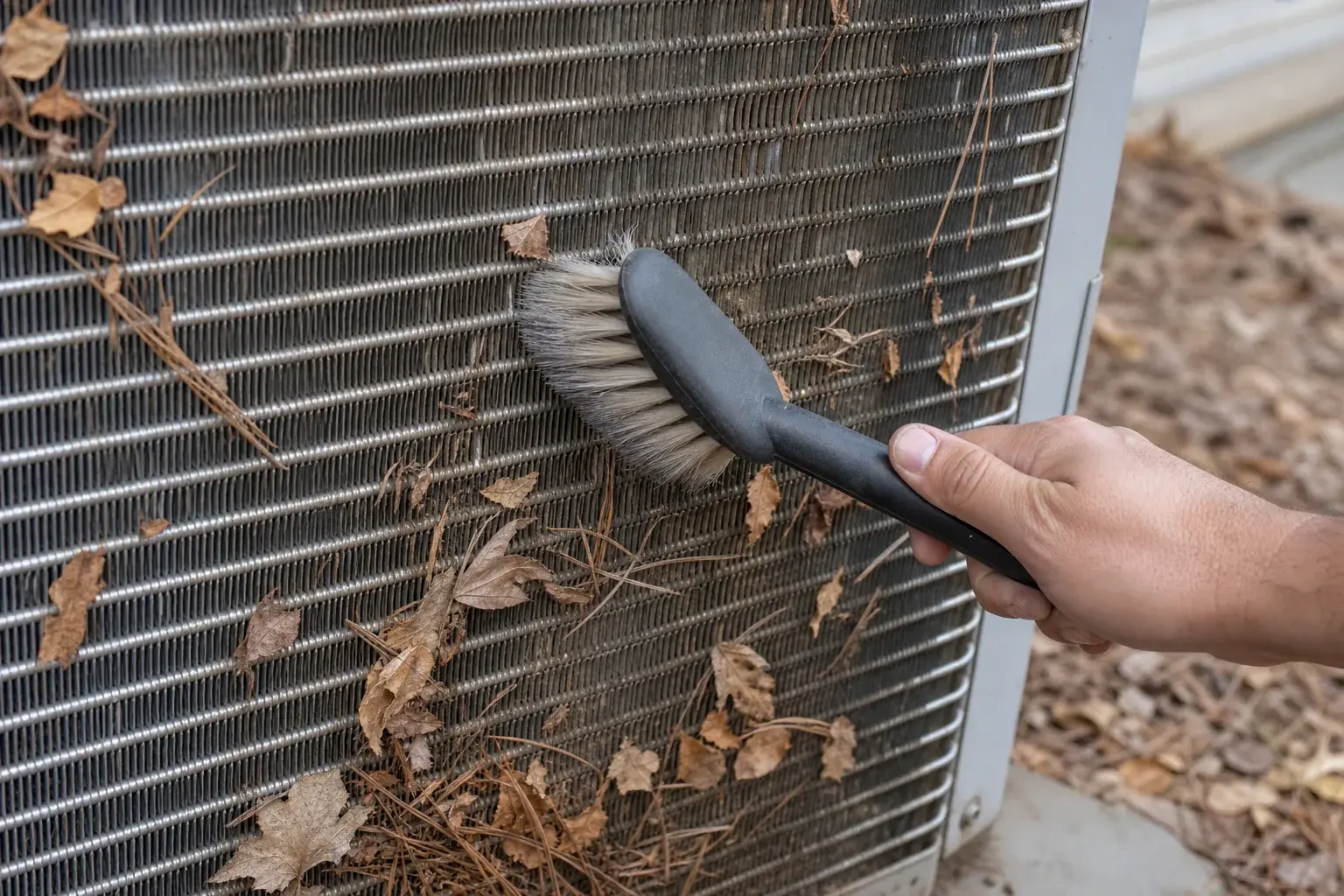 Technician clearing debris from condenser coil fins during AC diagnosis