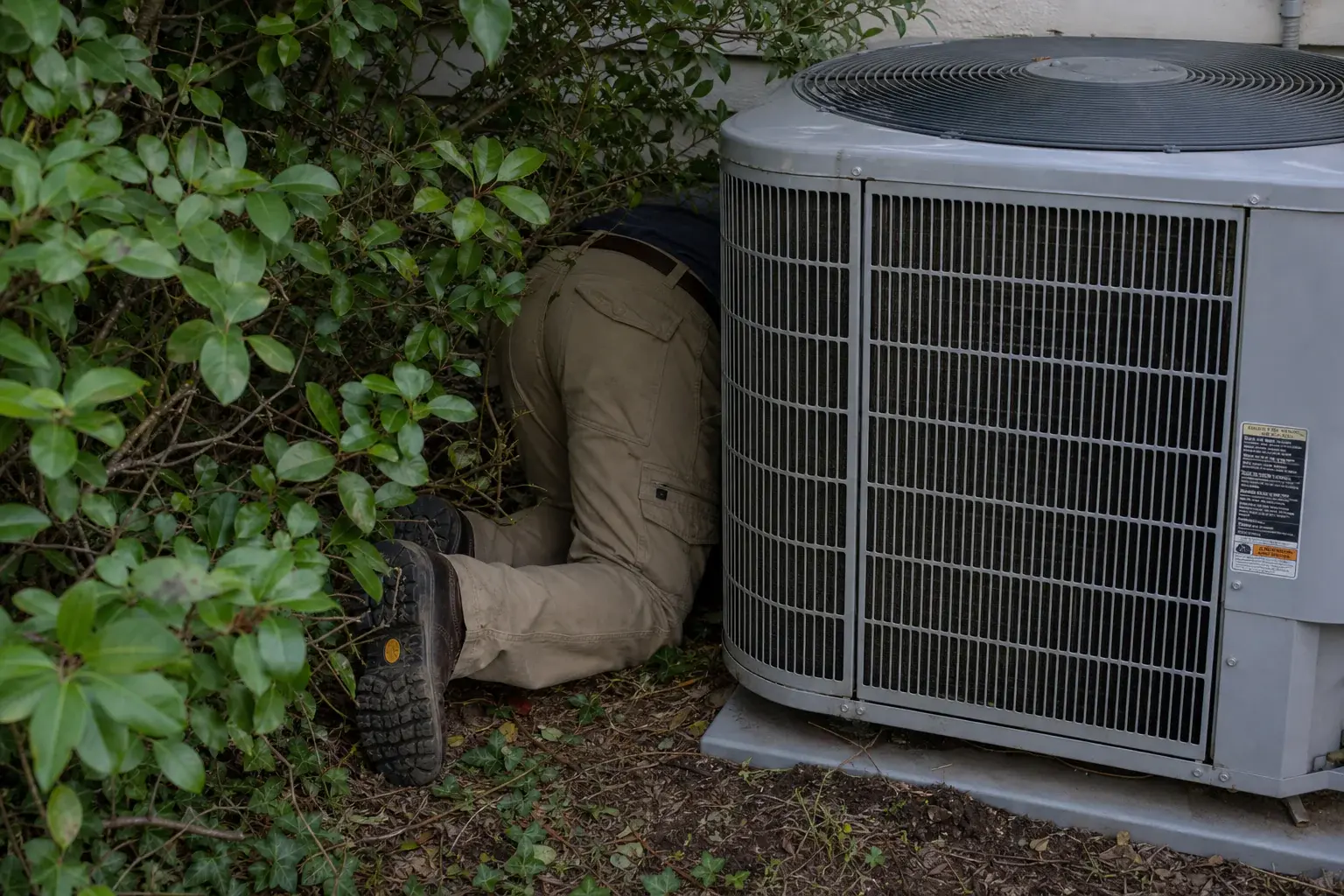 Outdoor condenser beside foundation plantings during a repair evaluation