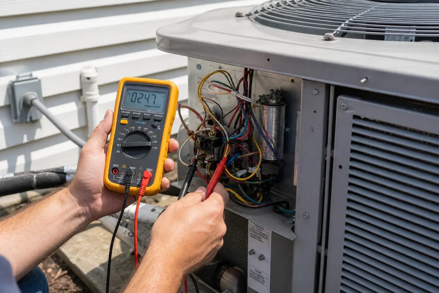 Technician checking outdoor AC electrical connections during a residential diagnostic