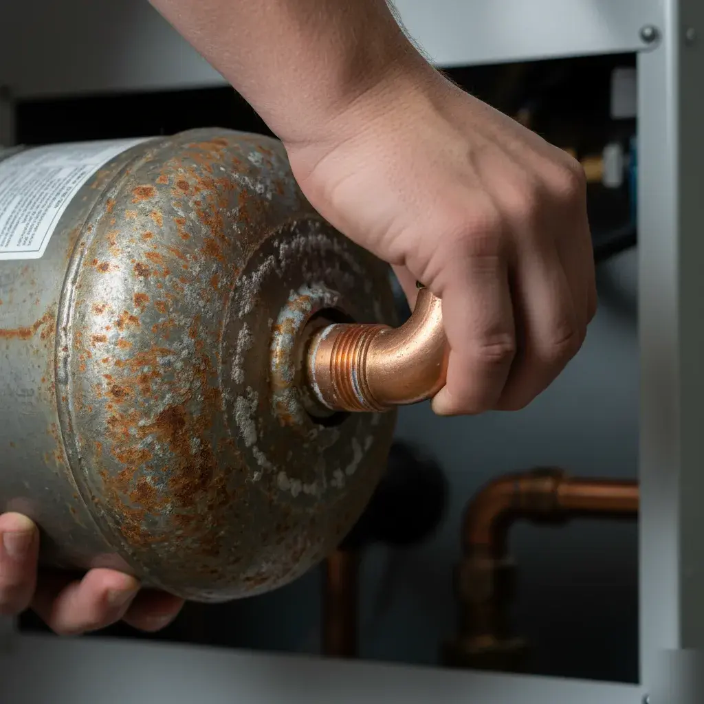 Failed boiler expansion tank removed from copper piping