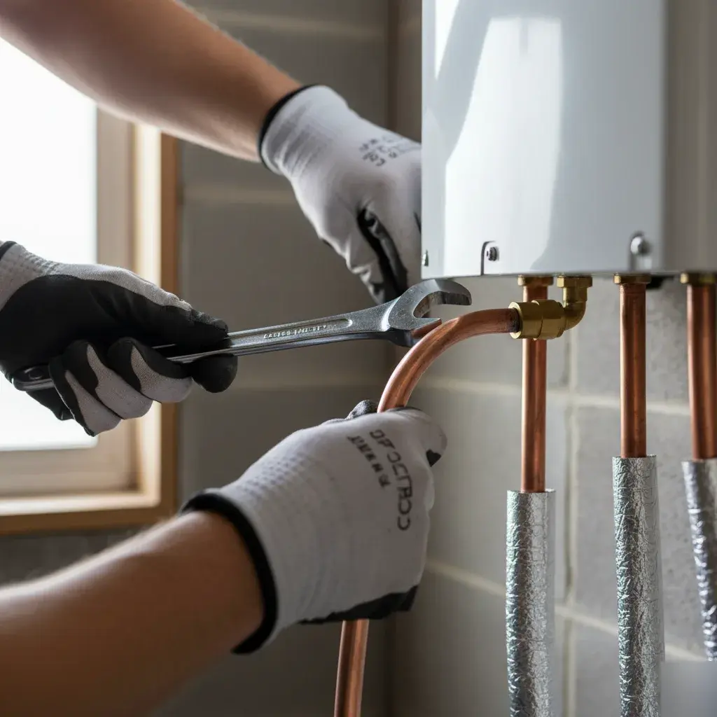 Technician connecting refrigerant lines during central AC installation