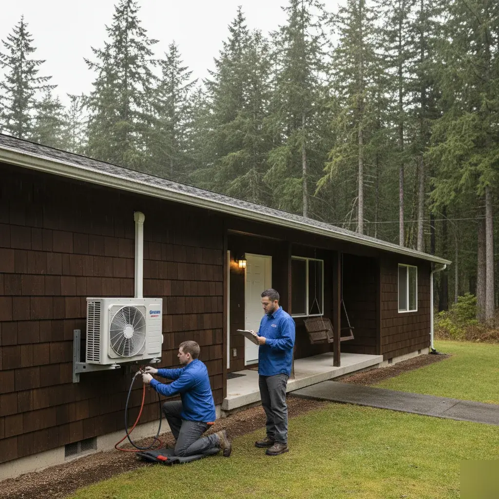 Outdoor ductless condenser checked during mini split repair