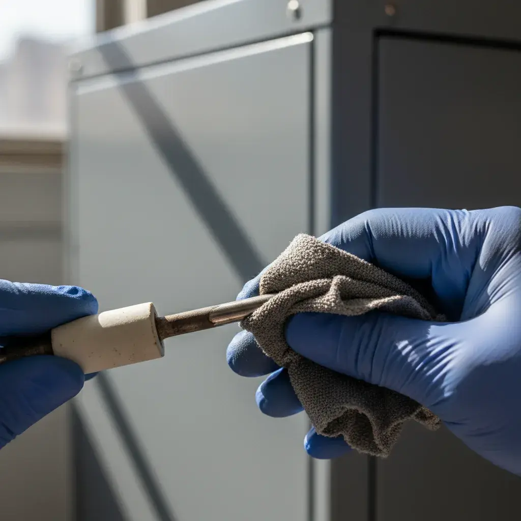 Flame sensor being cleaned with emery cloth