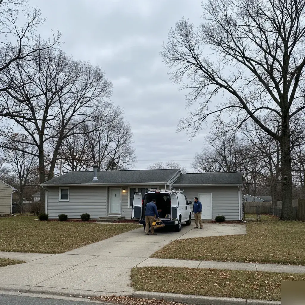 Service van parked outside a single-family home