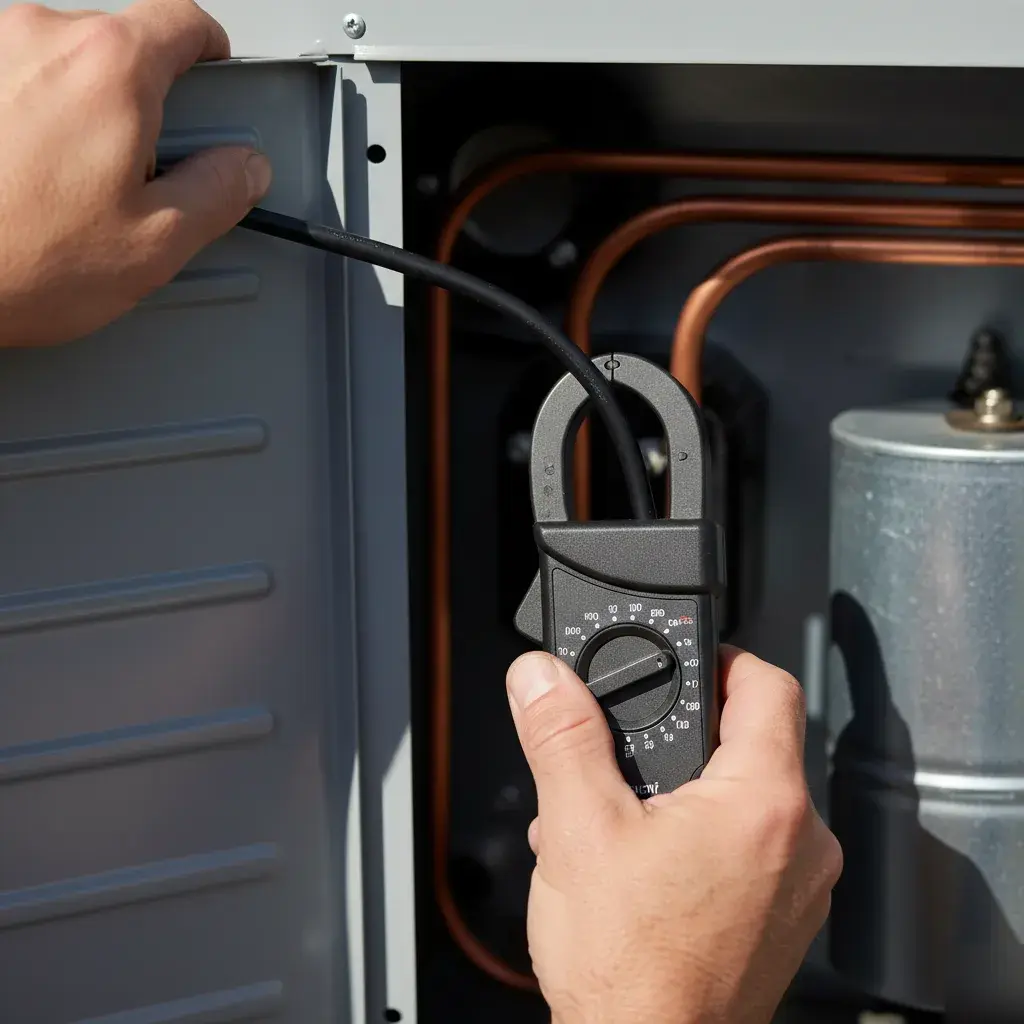 Heat pump access panel wiring tested with a clamp meter