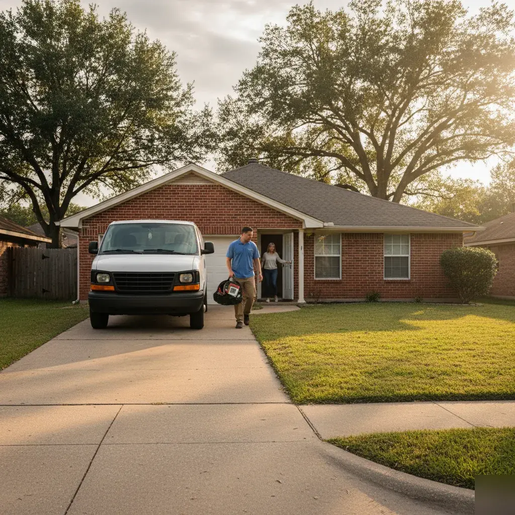 Service van parked outside a single-family home