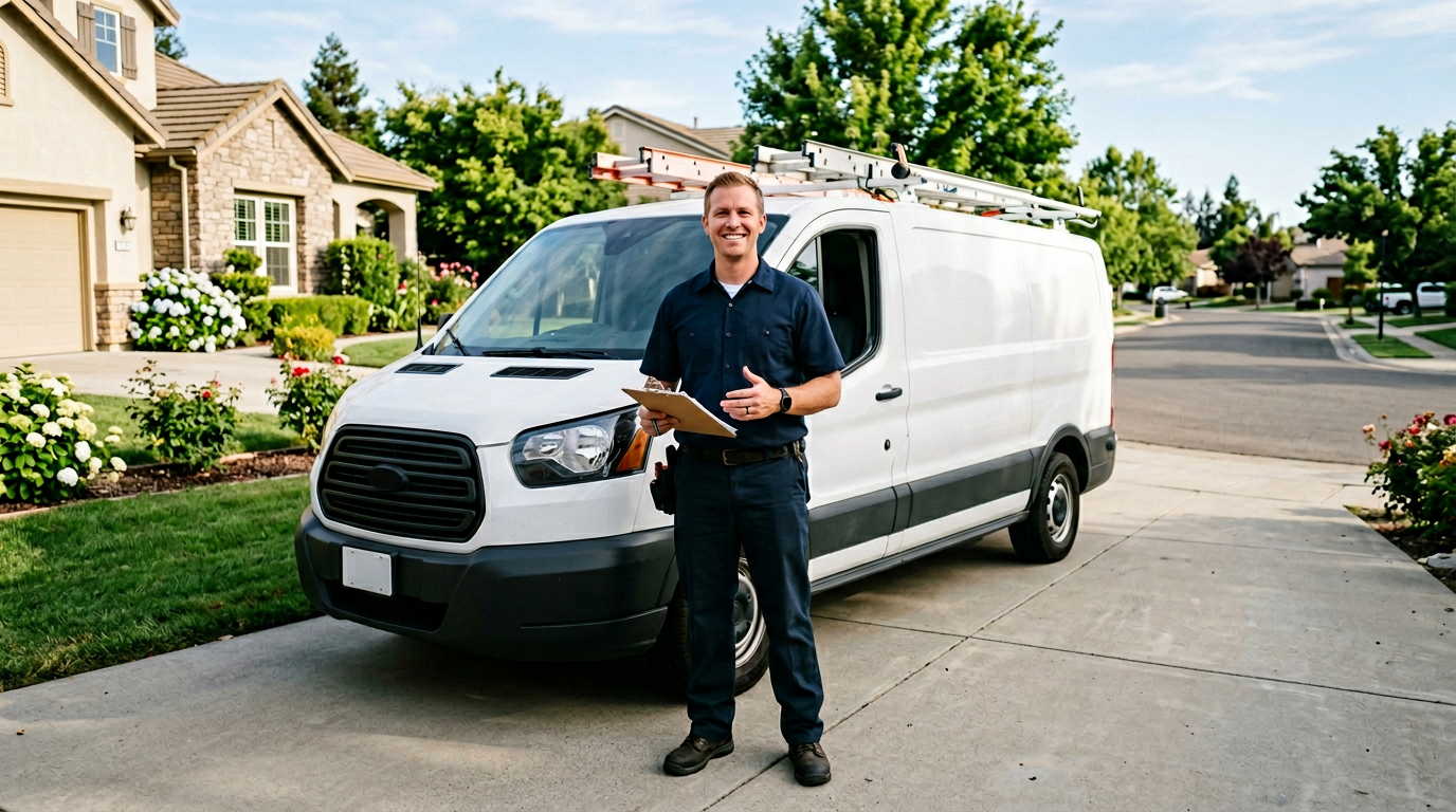 Friendly local HVAC technician with service van in residential setting