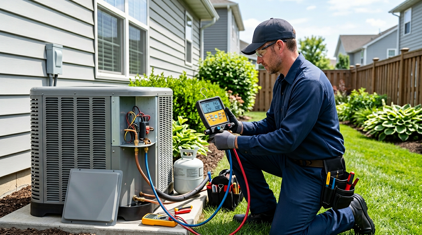 HVAC expert performing AC diagnostic on an outdoor unit in Deer Park