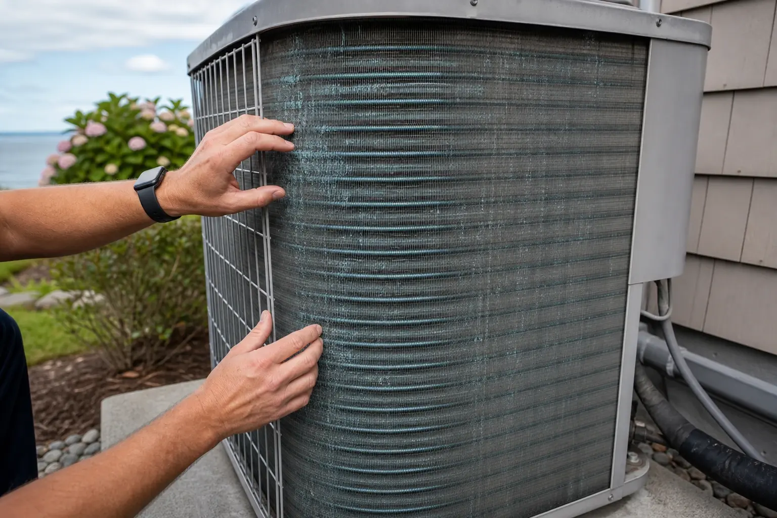 Inspecting outdoor air conditioning coil fins for coastal wear