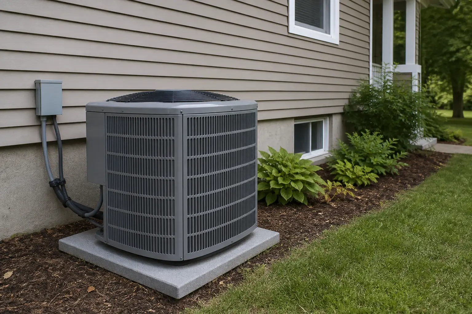 Residential air conditioning condenser beside a split-level style home