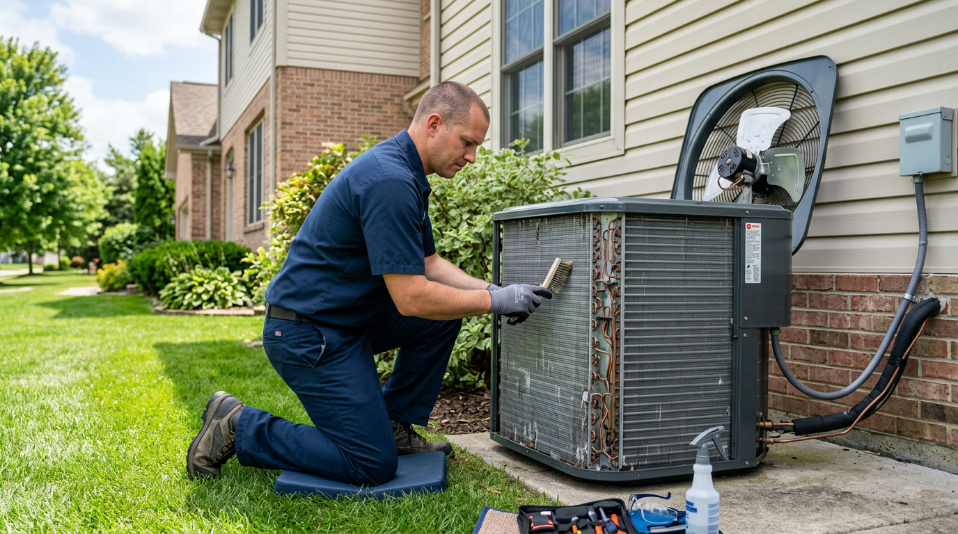 Technician performing seasonal AC maintenance on a home cooling system in Deer Park