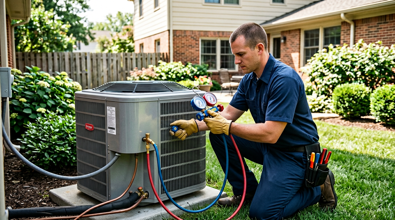 AC tune-up service being performed on an outdoor condenser in Deer Park