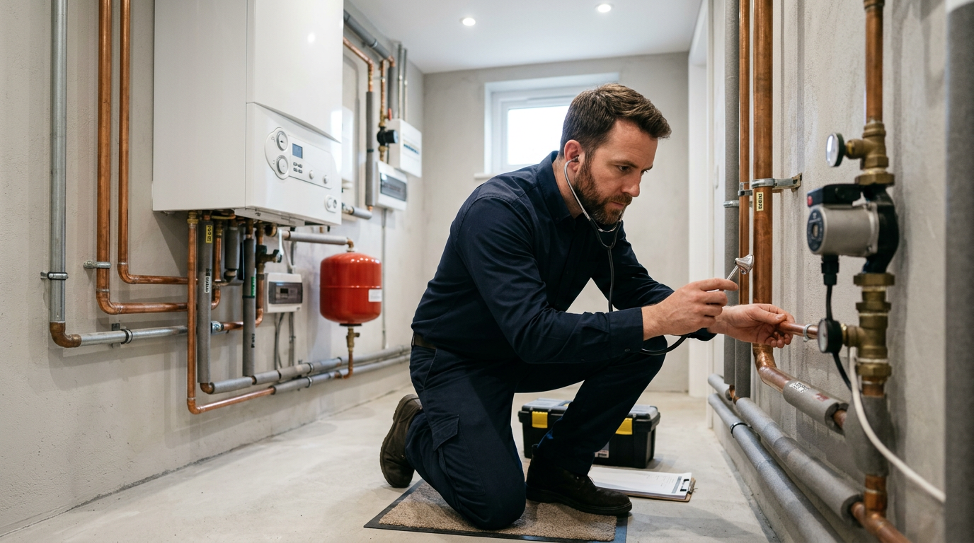 Boiler technician diagnosing banging noise in residential mechanical room