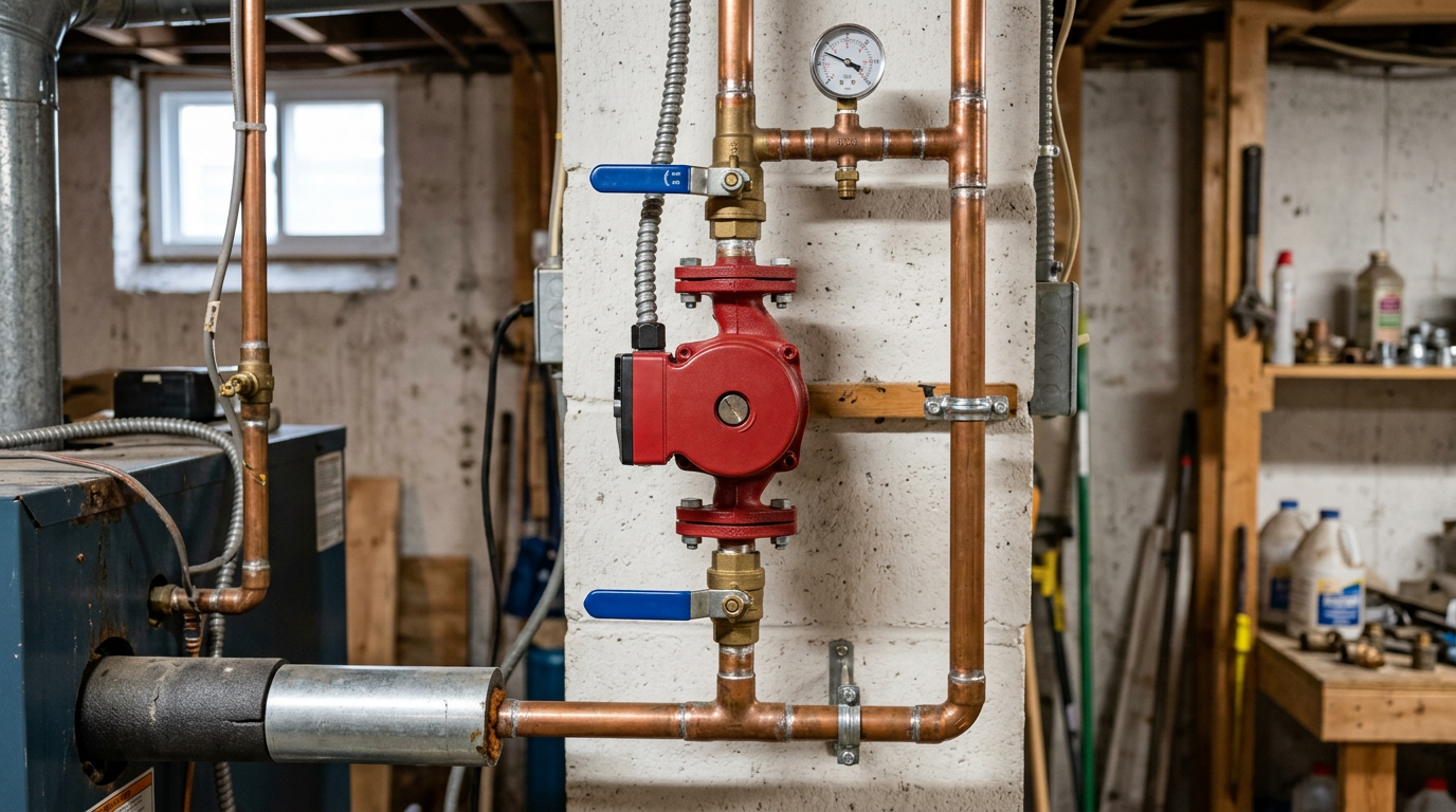 HVAC technician replacing boiler circulator pump on copper piping