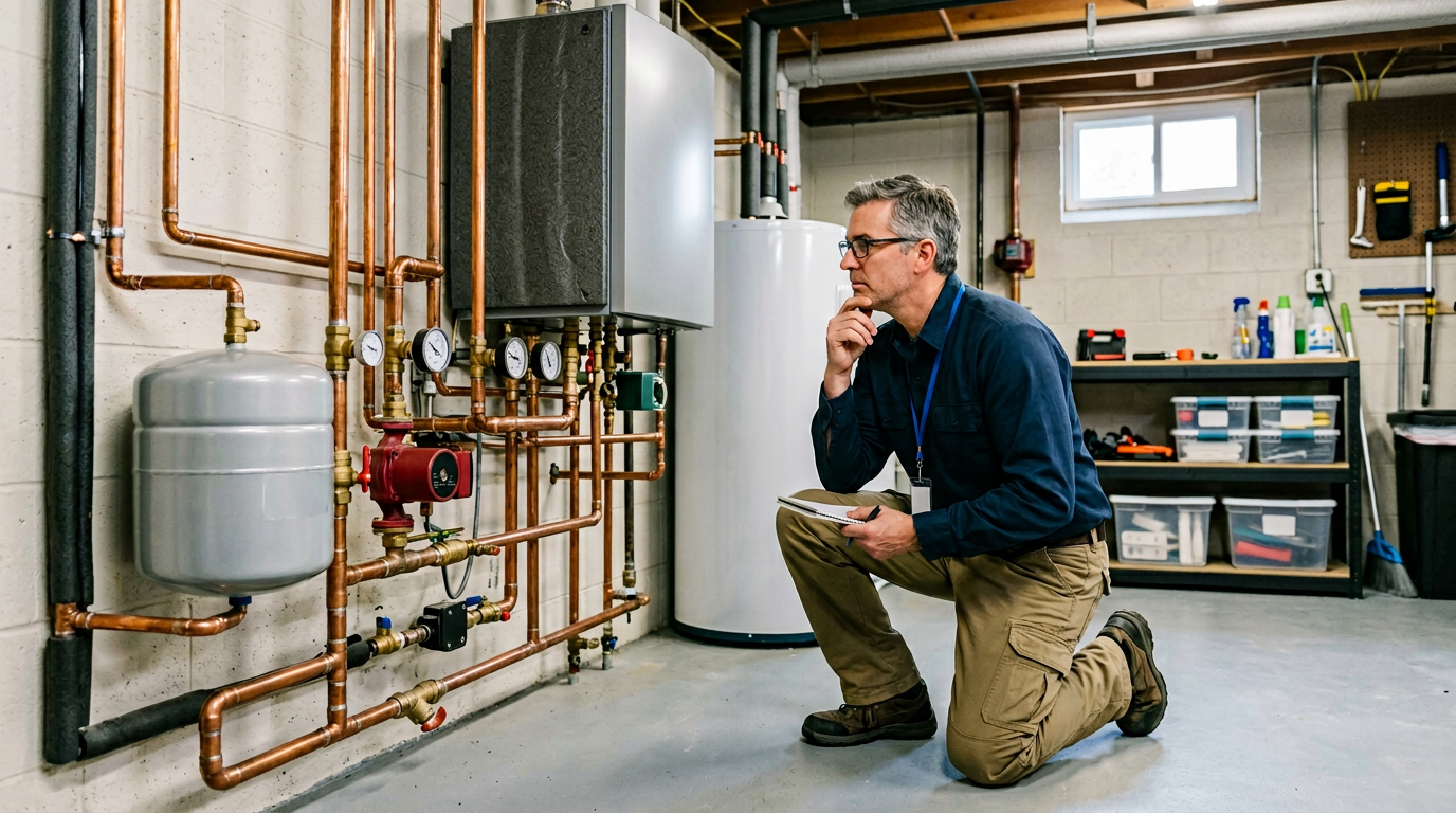 HVAC pro listening to boiler system to diagnose unusual noises