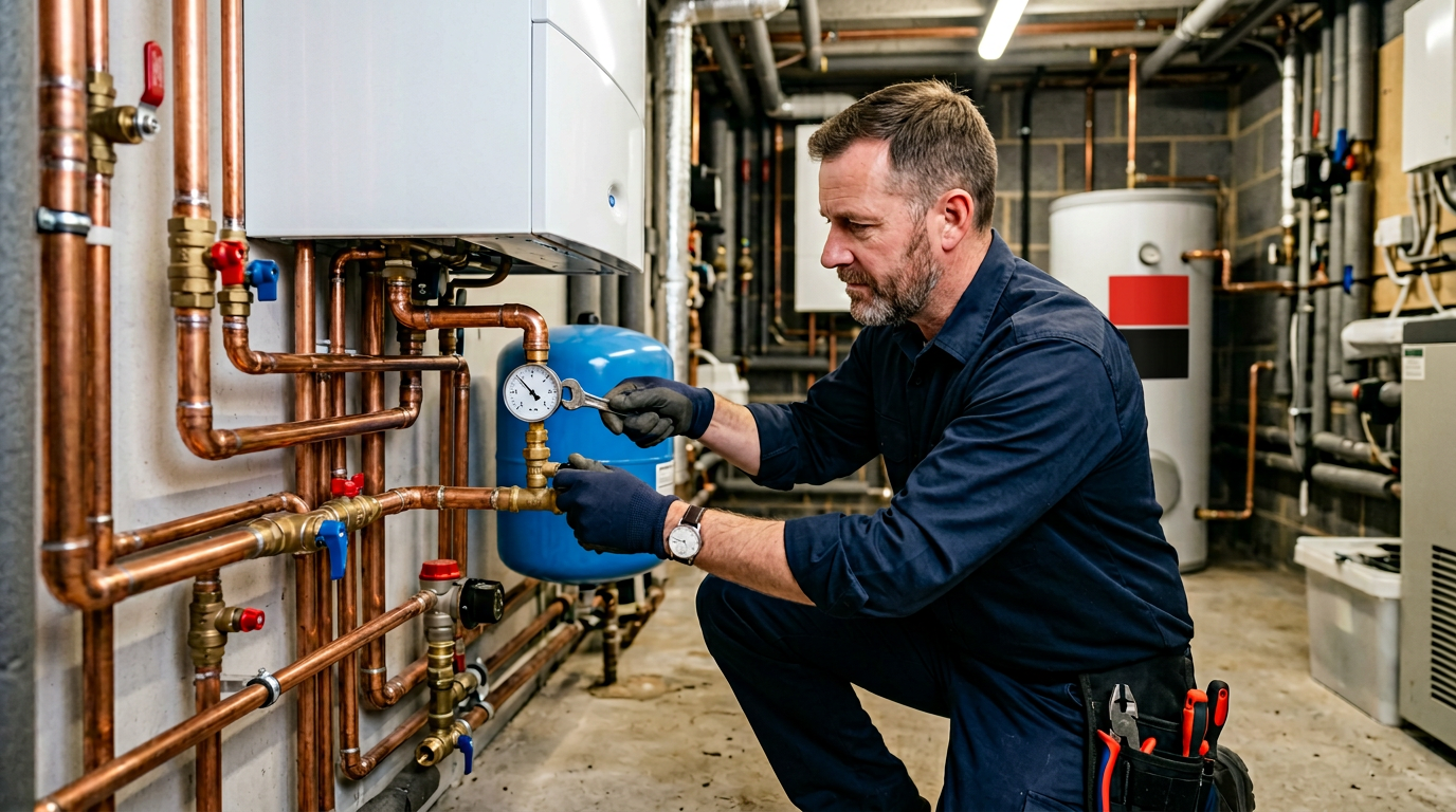 Technician performing boiler refill service on residential hydronic system