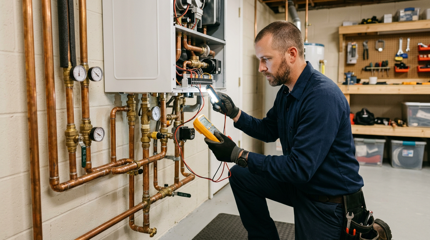 Boiler repair technician working on residential heating system in Deer Park