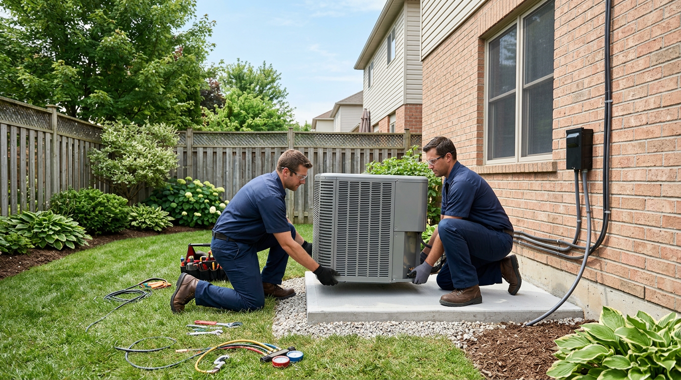 Two technicians installing a new central AC condenser unit in Deer Park