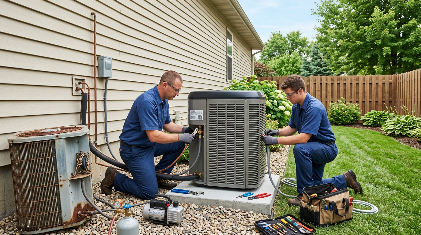 HVAC team replacing an old central air conditioner in Deer Park