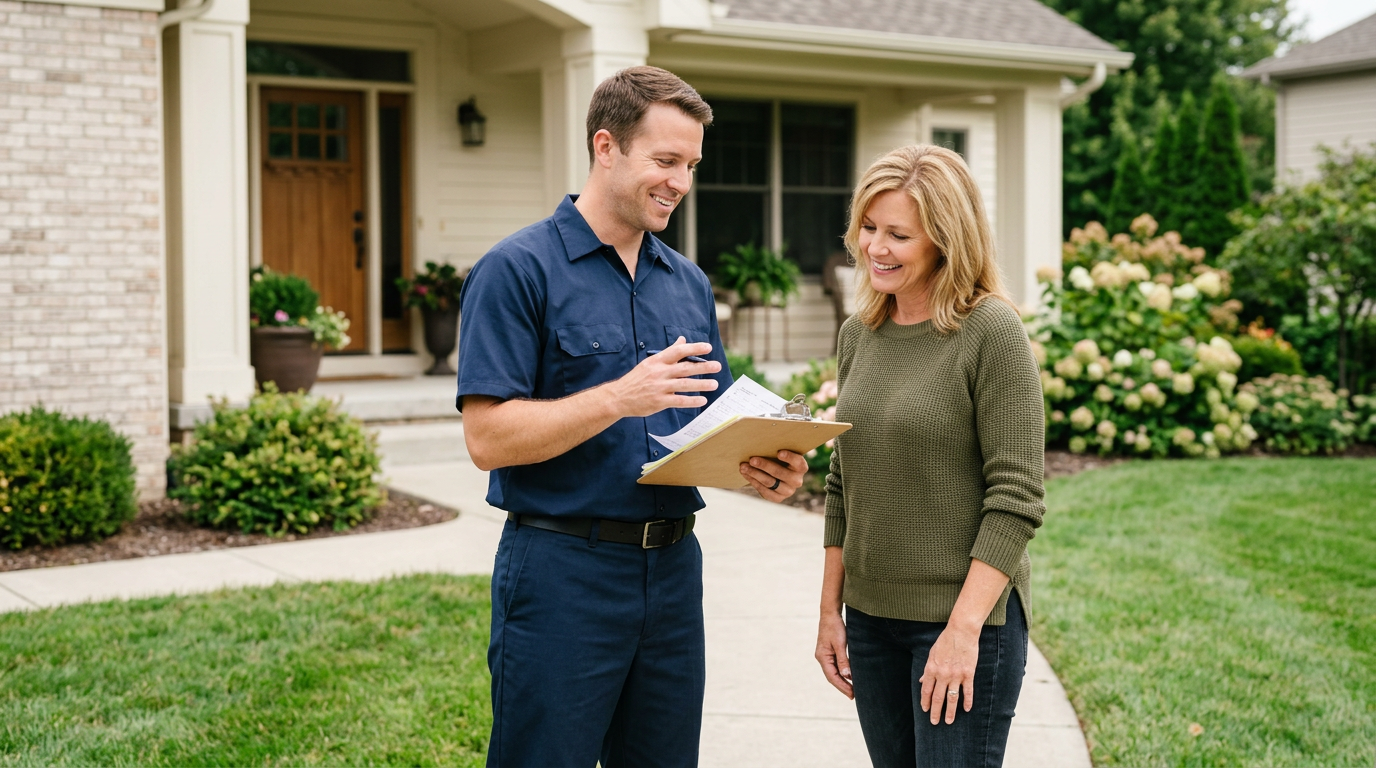 HVAC technician speaking with a homeowner outside a residential home