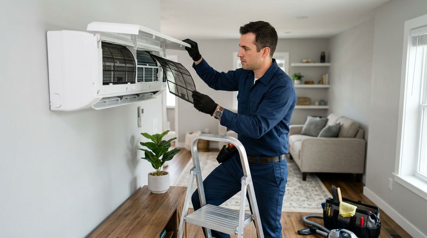 Servicing a ductless mini-split system in a Deer Park residence