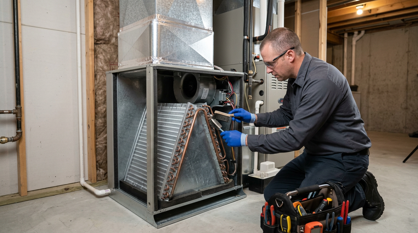Inspecting an evaporator coil inside a Deer Park residential HVAC system