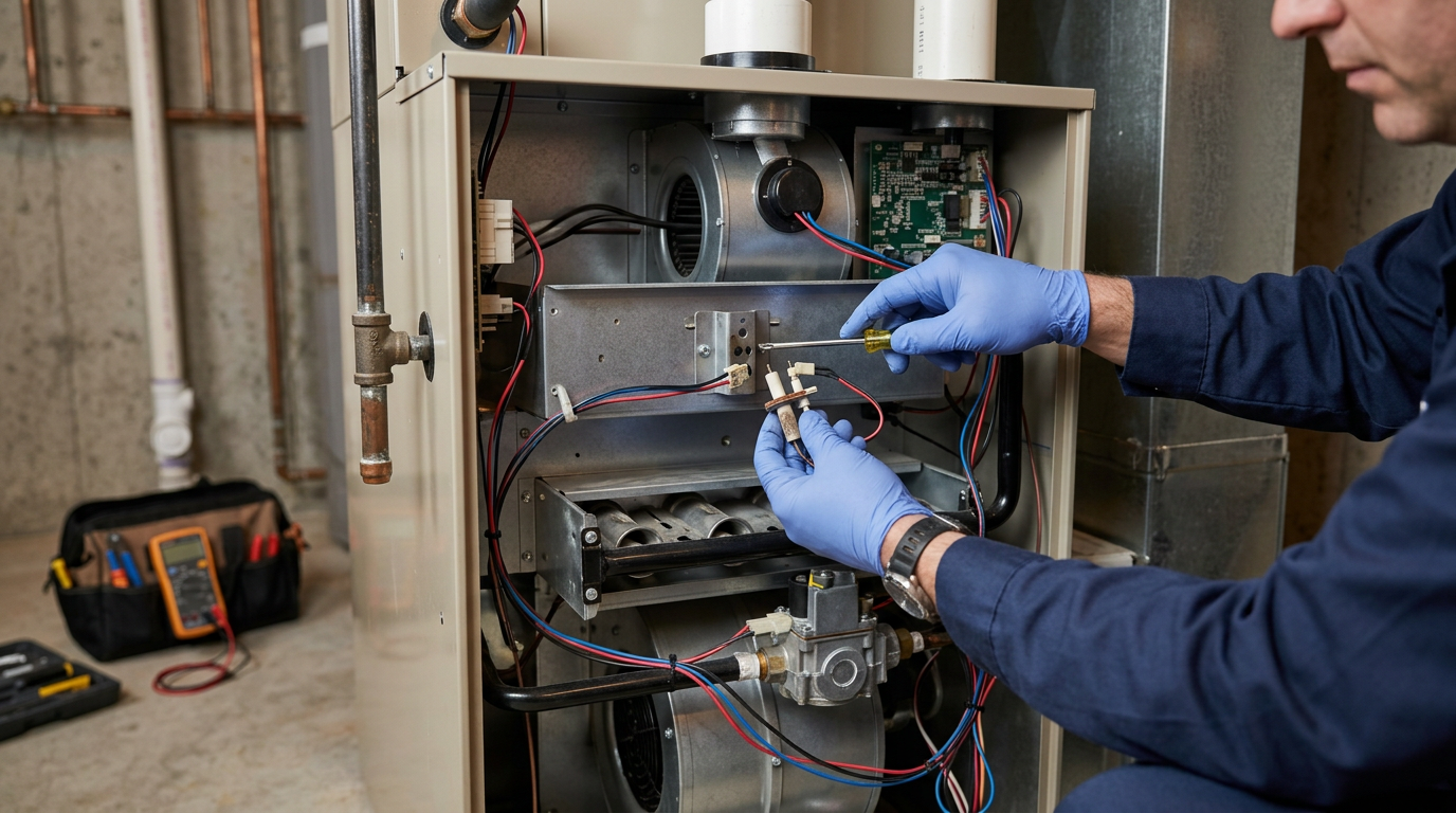 Technician replacing a furnace igniter in a Deer Park home heating system