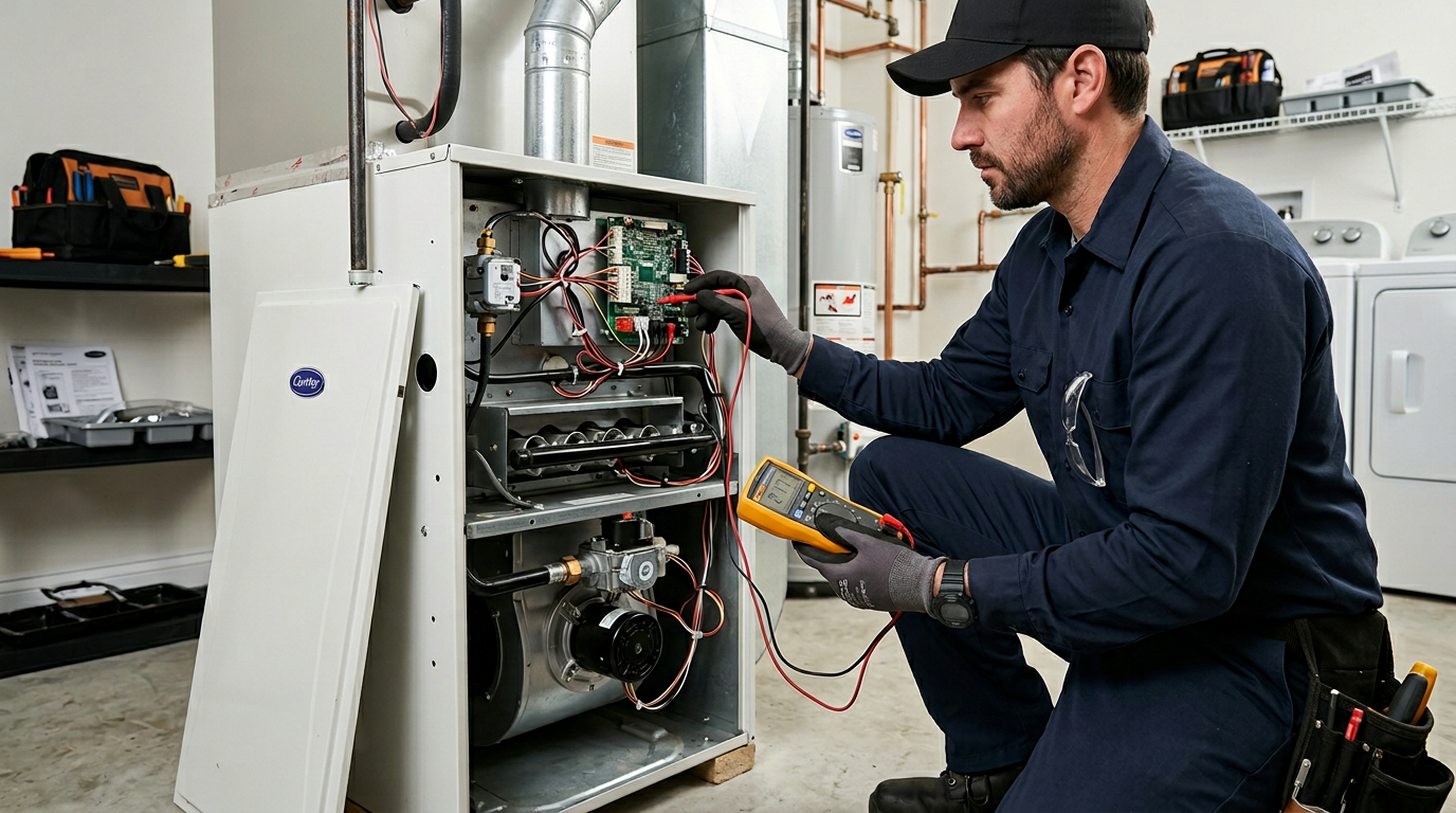 HVAC technician repairing a gas furnace in a Deer Park utility room