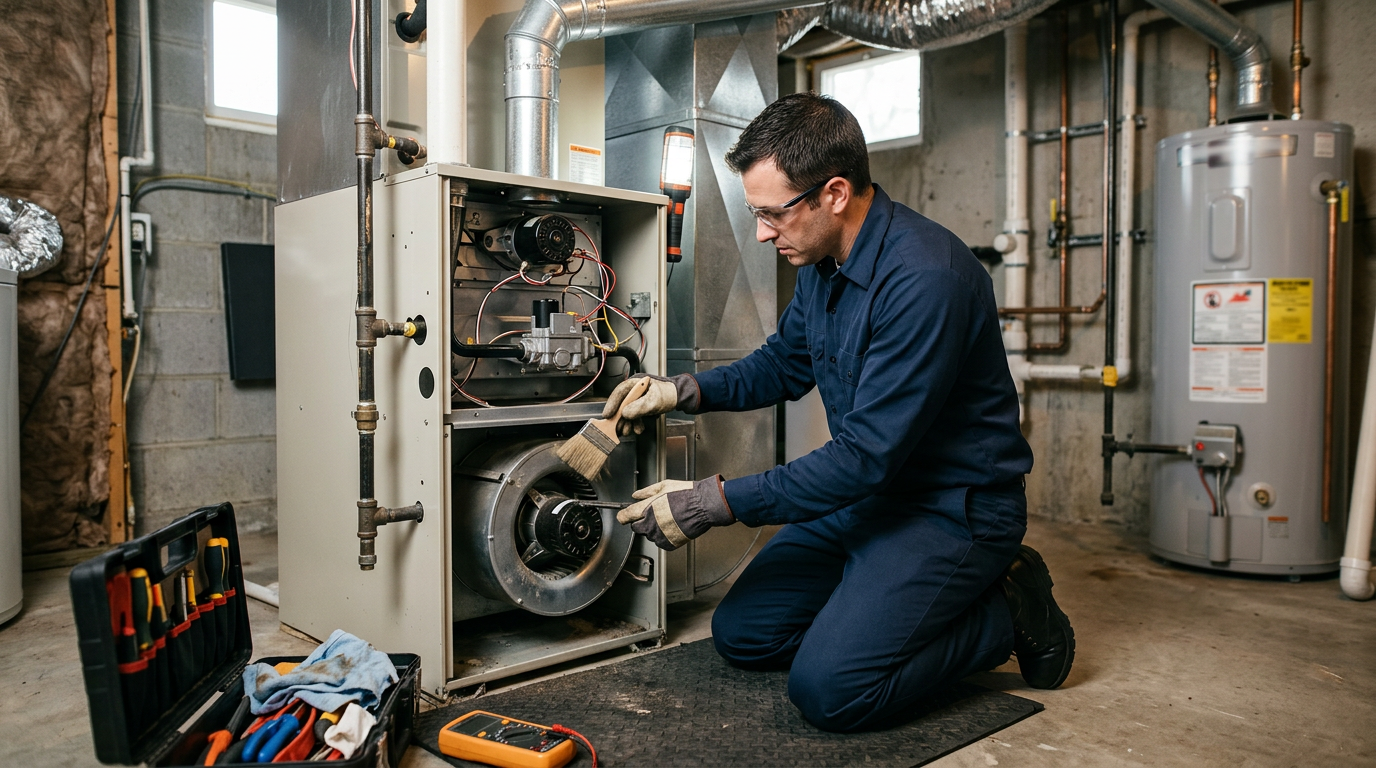 Performing seasonal maintenance on a heating system in a Deer Park home