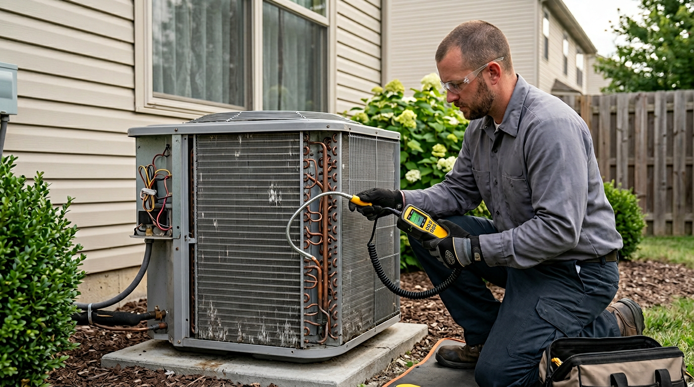 Technician using a leak detector to find refrigerant leaks in an AC unit in Deer Park
