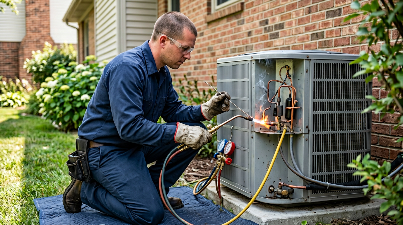 Repairing a refrigerant leak on a central air conditioning system in Deer Park