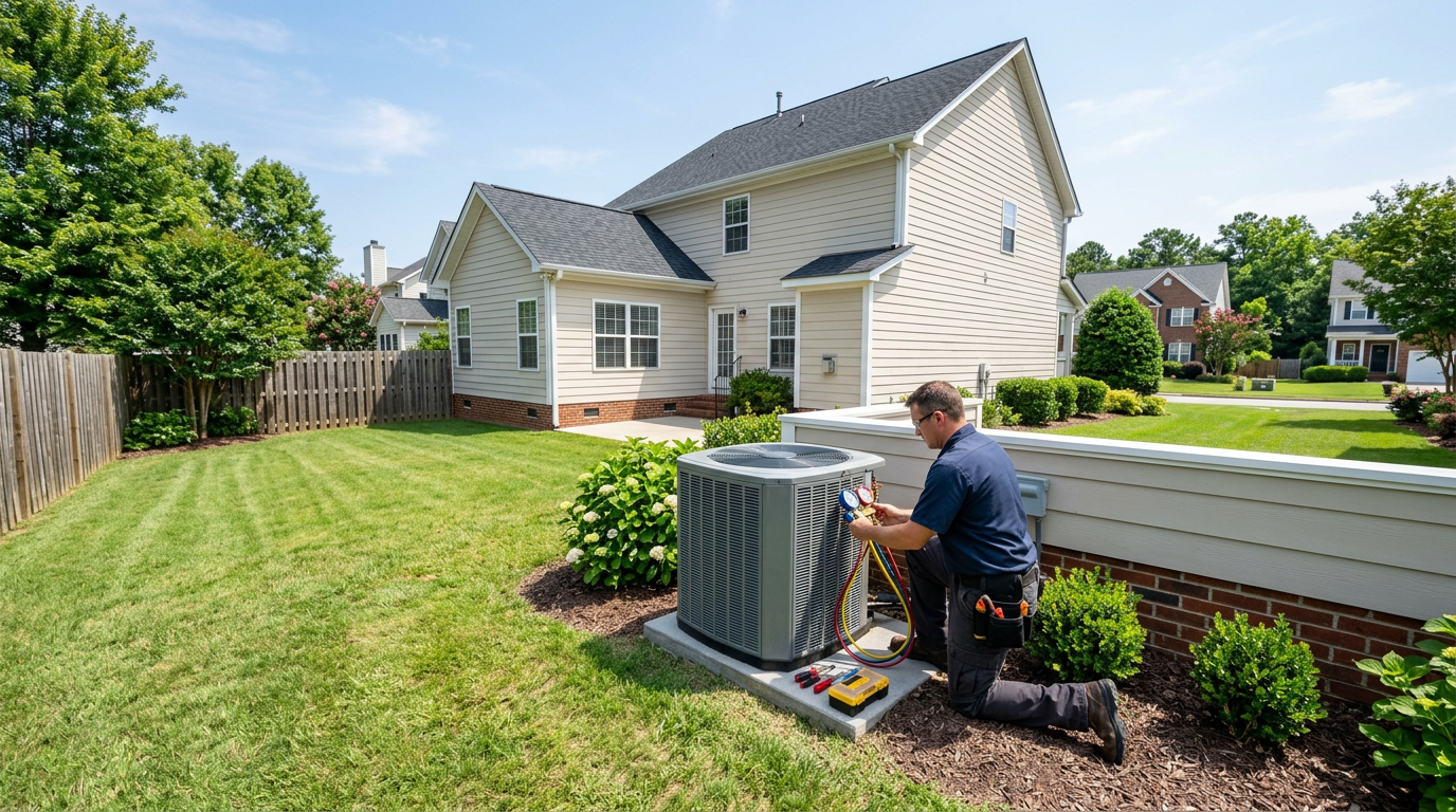 HVAC technician servicing outdoor AC unit at a clean residential home