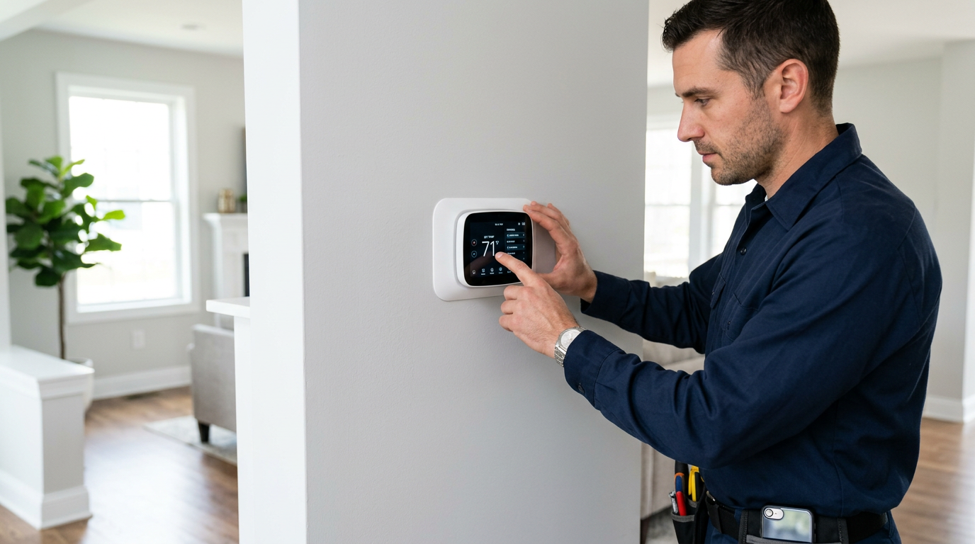 Installing a new thermostat on a wall in a Deer Park home