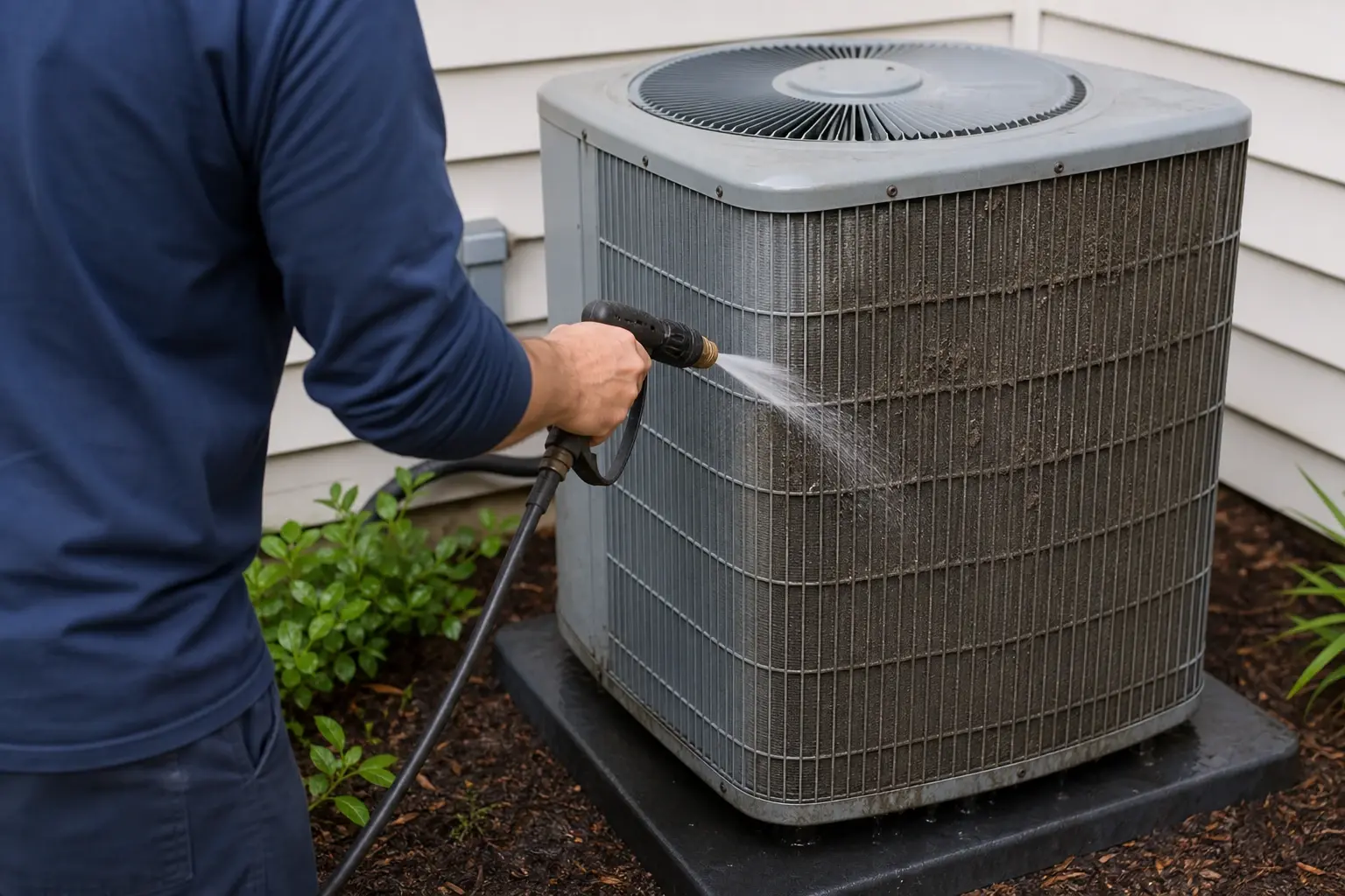 Cleaning a residential outdoor air conditioning coil during annual maintenance