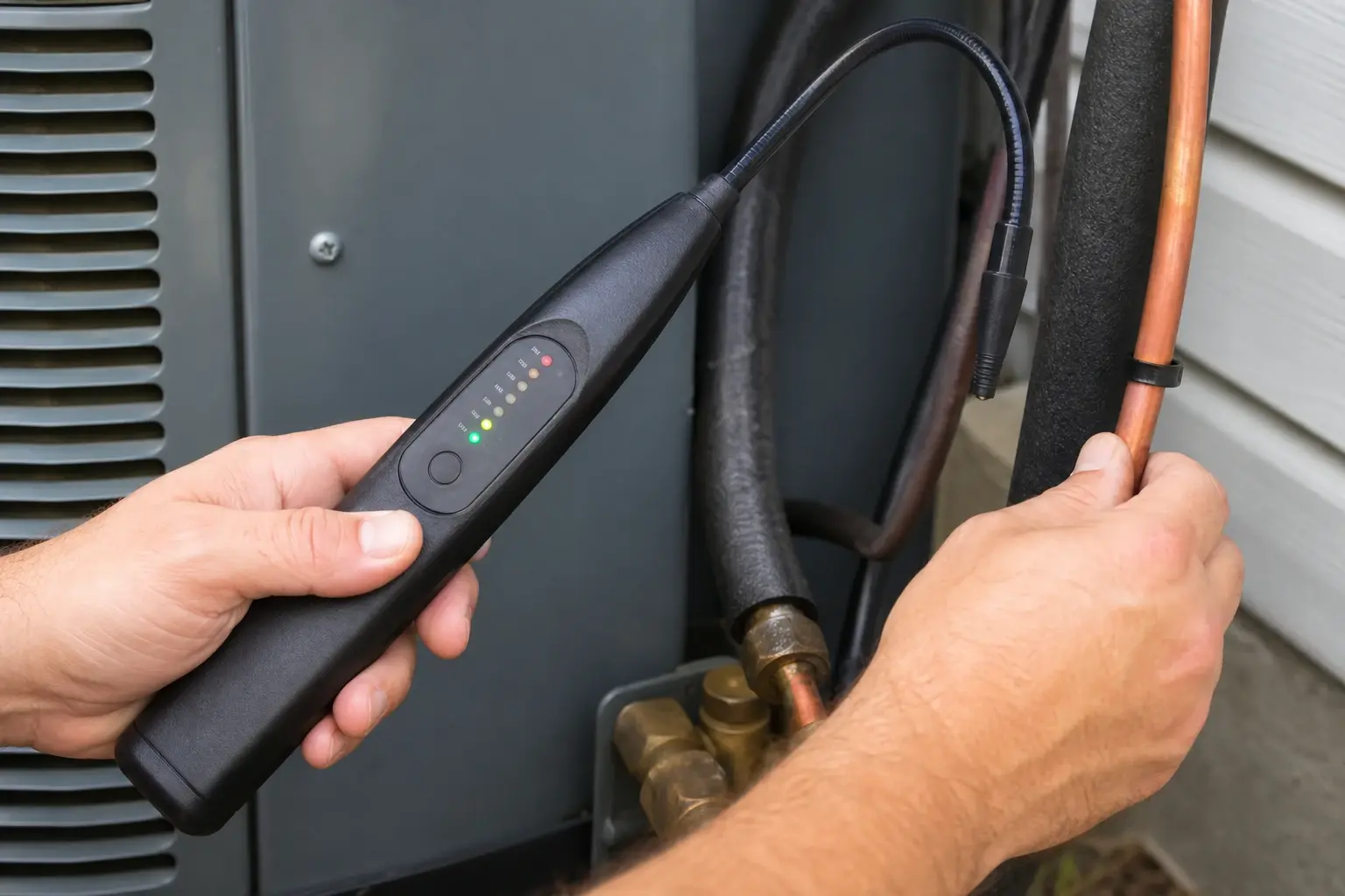 Using an electronic leak detector to inspect a copper refrigerant line