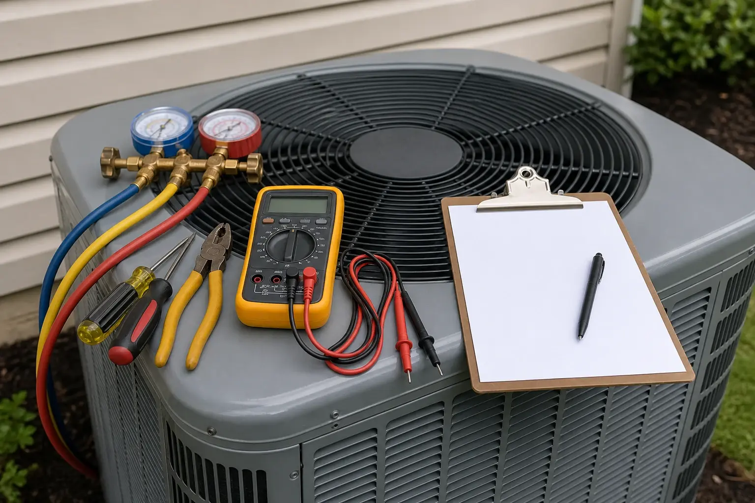 Technician tools and a maintenance checklist beside a residential air conditioning unit