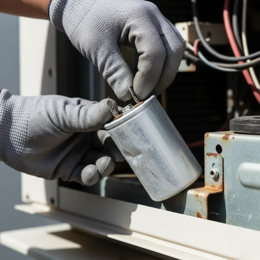 Bulged AC capacitor removed during a cooling repair