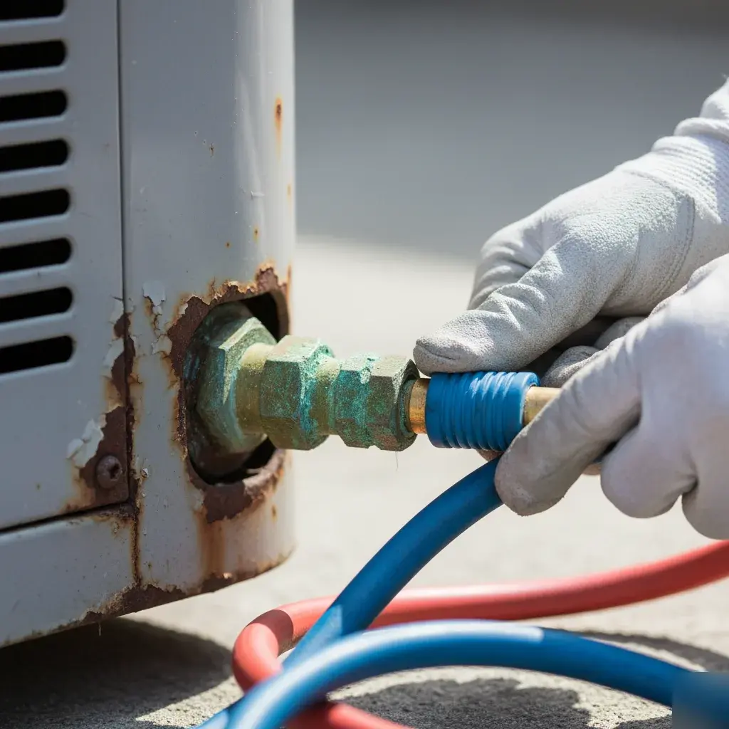 Technician checking AC compressor service ports with gauges