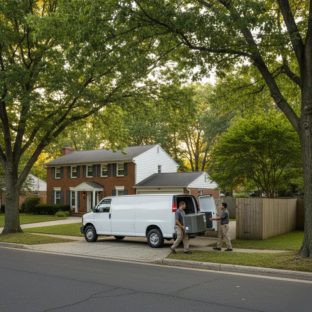 Technician delivering compressor equipment for an AC repair